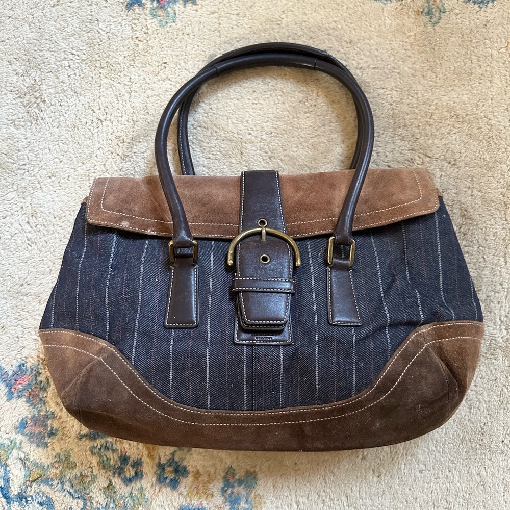 Vintage Coach Bag Suede Leather and Striped Blue Denim 1990’s